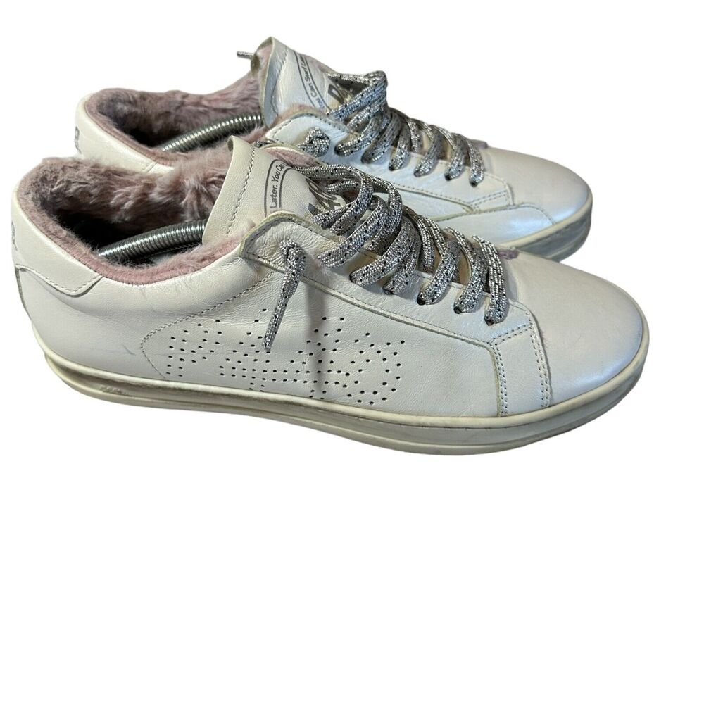 P448 John White Sneakers Tennis Shoes with Pink Faux Fur Trim - EU 40